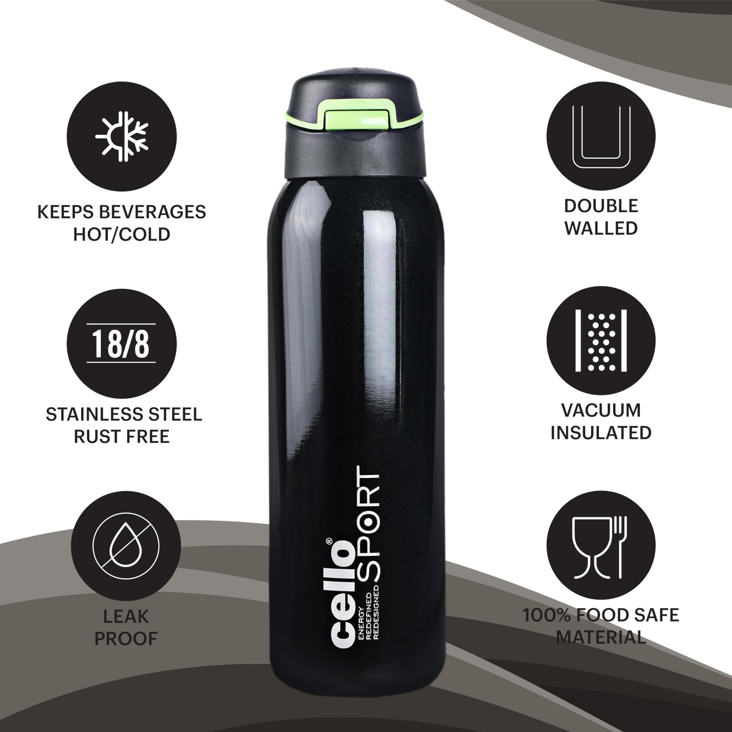 Cello Gym Star Thermosteel Flask, 650Ml, Black | 24 Hours Hot And Cold Flask | Leak Proof | Office Bottle | Sports | Home | Kitc